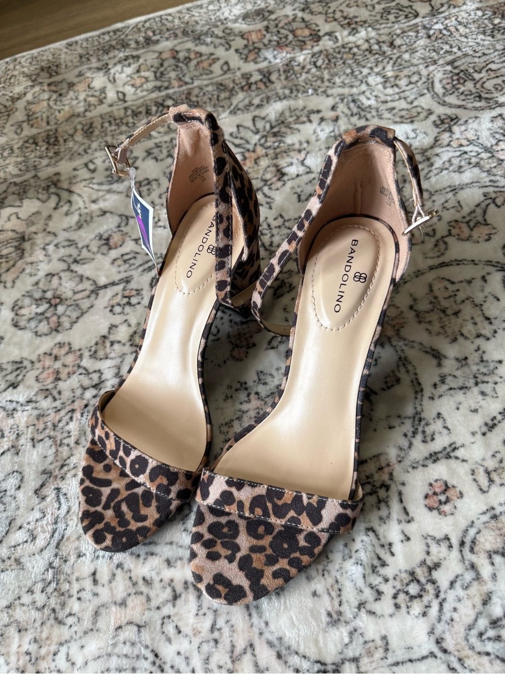 Bandolino Leopard Print Ankle Strap Block Heels - Tan and Black